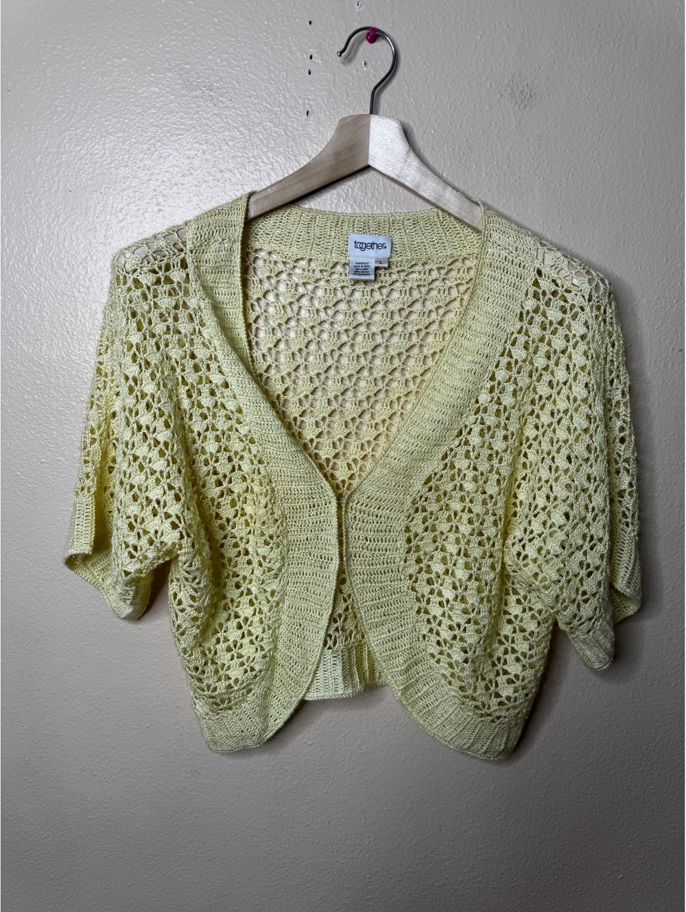 Together Linen Blend Open Knit Shrug Cardigan L Yellow Crochet Short Sleeve